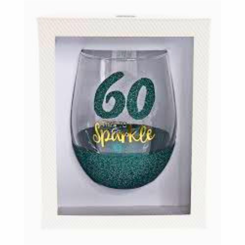 60th Birthday “Time to Sparkle” Stemless Wine Glass | Green Glitter