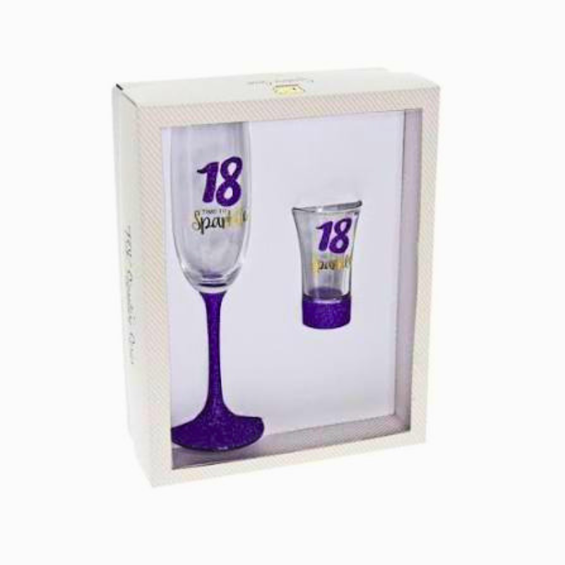 18th Birthday “Time to Sparkle” Champagne & Shot Glass Gift Set | Purple Glitter