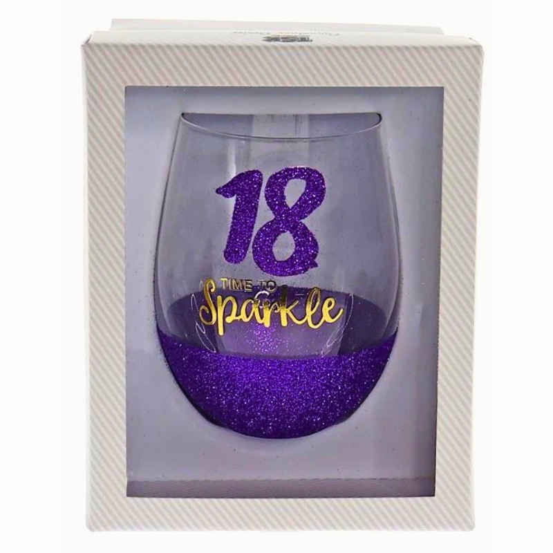18th Birthday “Time to Sparkle” Stemless Wine Glass | Purple Glitter