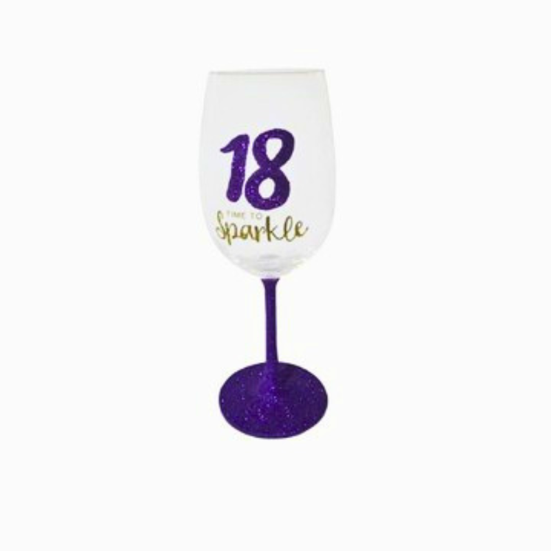 18th Birthday “Time to Sparkle” Wine Glass | Purple Glitter