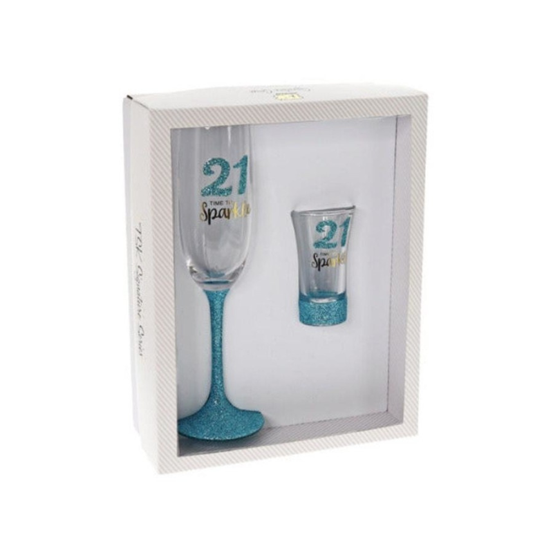 21st Birthday “Time to Sparkle” Champagne & Shot Glass Gift Set | Blue Glitter