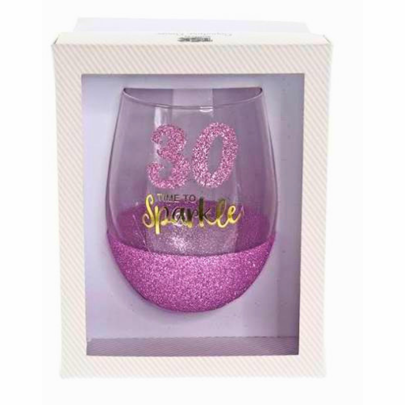 30th Birthday “Time to Sparkle” Stemless Wine Glass | Pink Glitter