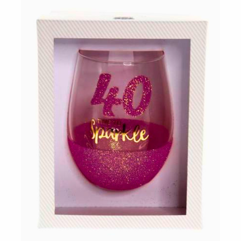 40th Birthday “Time to Sparkle” Stemless Wine Glass | Pink Glitter