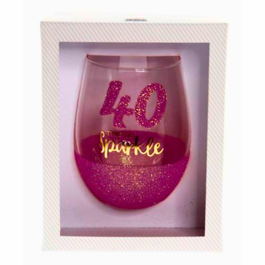 40th Birthday “Time to Sparkle” Stemless Wine Glass | Pink Glitter
