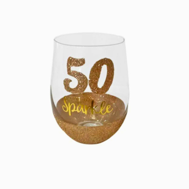 50th Birthday “Time to Sparkle” Stemless Wine Glass | Gold Glitter