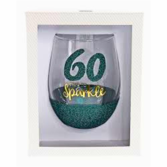 60th Birthday “Time to Sparkle” Stemless Wine Glass | Green Glitter