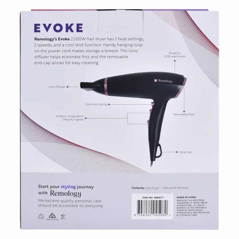 Remology Evoke 2200W Hair Dryer | Ionic Technology | 3 Heat & 2 Speed Settings