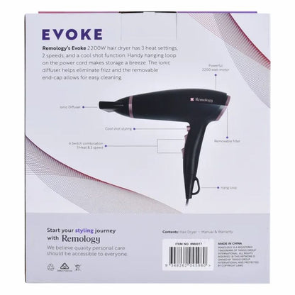 Remology Evoke 2200W Hair Dryer | Ionic Technology | 3 Heat & 2 Speed Settings