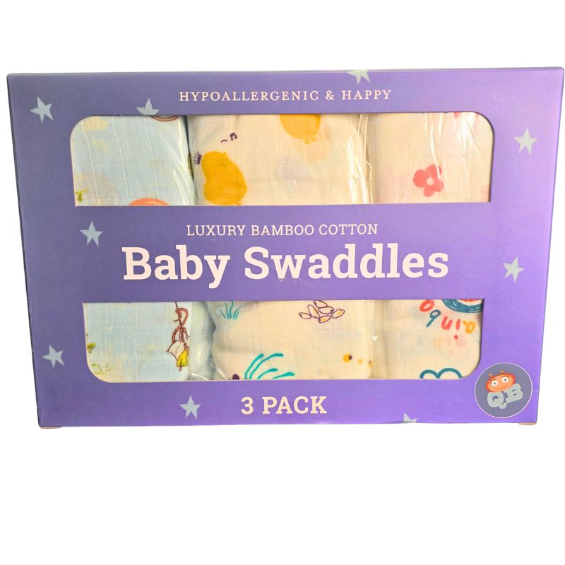 Quirky Bubba Luxury Bamboo Cotton Baby Swaddles – 3 Pack | Soft Muslin Wraps