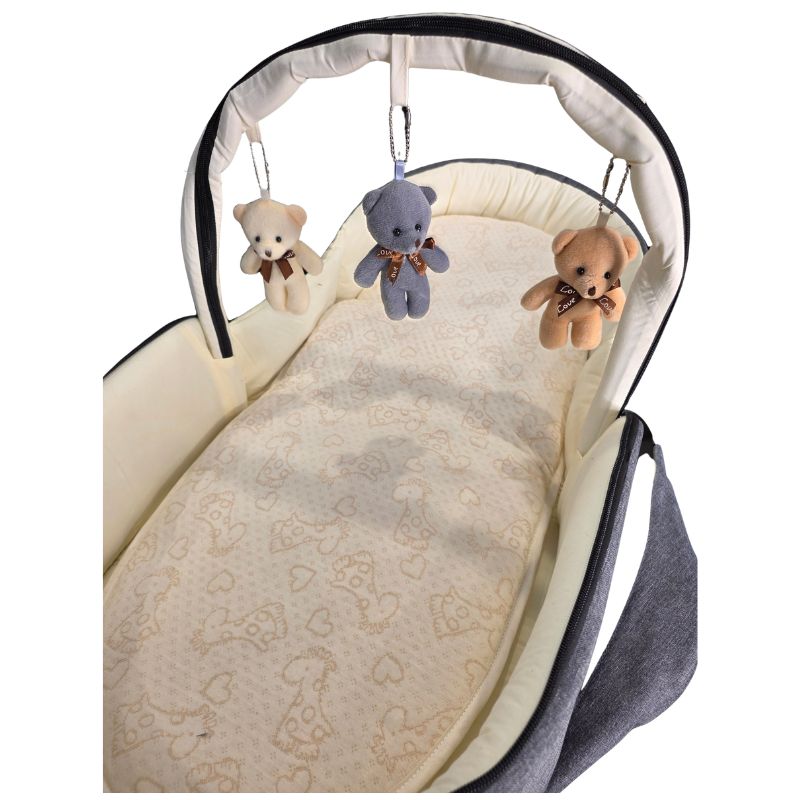 Quirky Bubba Portable Baby Bassinet Backpack | Foldable Travel Cot with Toy Arch | Grey