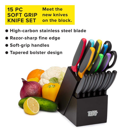 Tasty 15-Piece Soft Grip Knife Set with Block