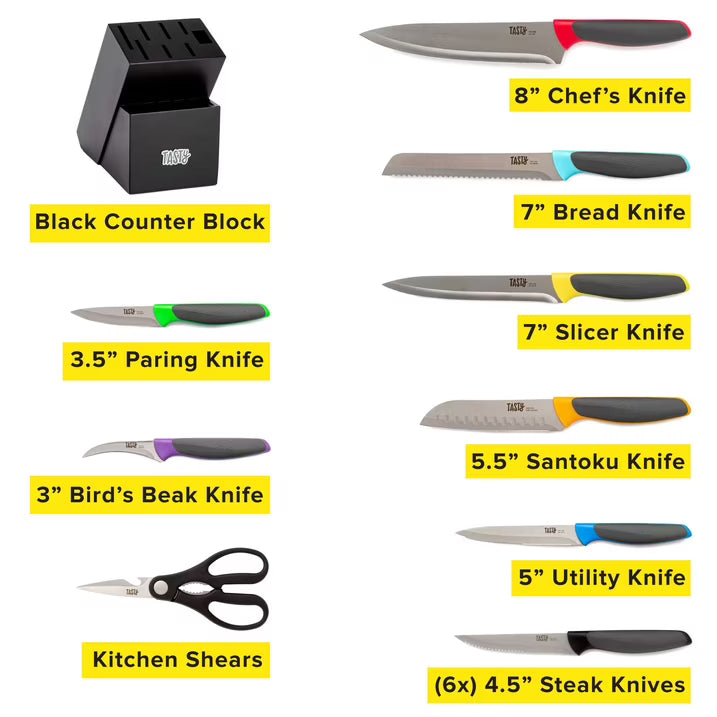 Tasty 15-Piece Soft Grip Knife Set with Block