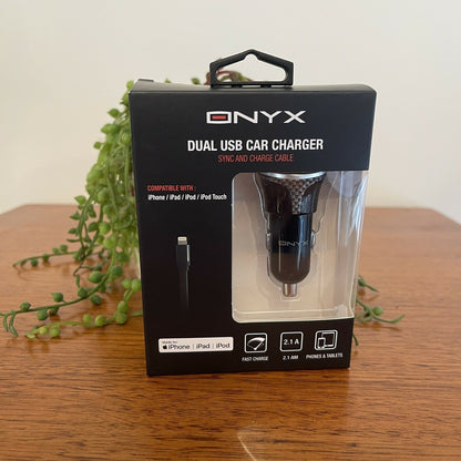 Onyx Dual USB Car Charger & iPhone Cable Cigarette Plug In USB Charger
