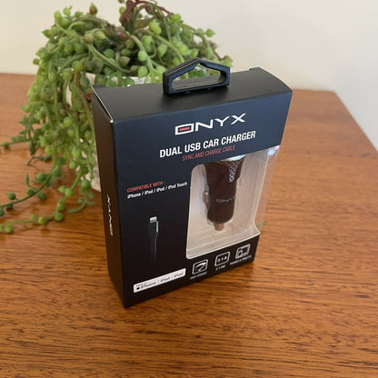 Onyx Dual USB Car Charger & iPhone Cable Cigarette Plug In USB Charger