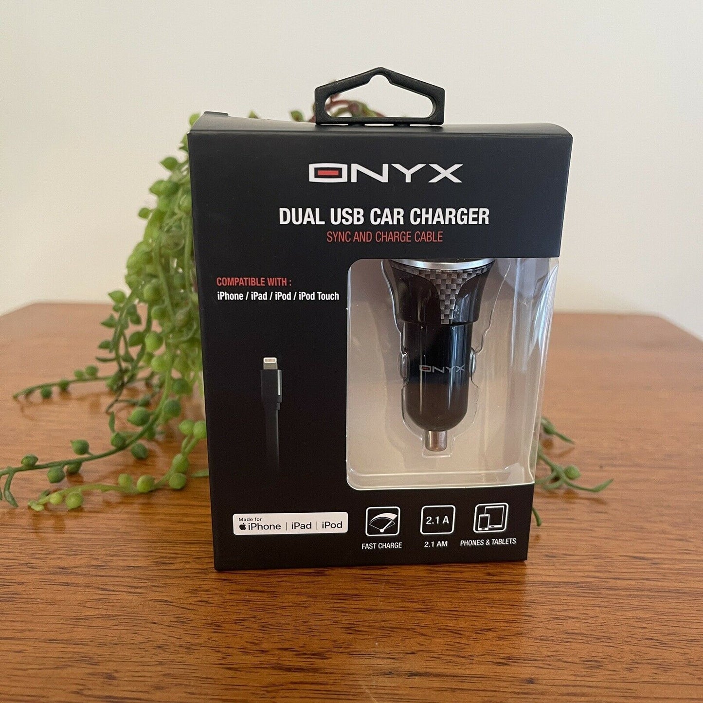 Onyx Dual USB Car Charger & iPhone Cable Cigarette Plug In USB Charger