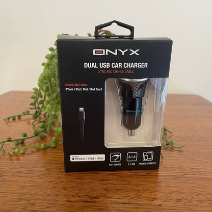 Onyx Dual USB Car Charger & iPhone Cable Cigarette Plug In USB Charger