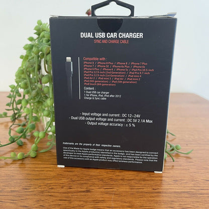 Onyx Dual USB Car Charger & iPhone Cable Cigarette Plug In USB Charger